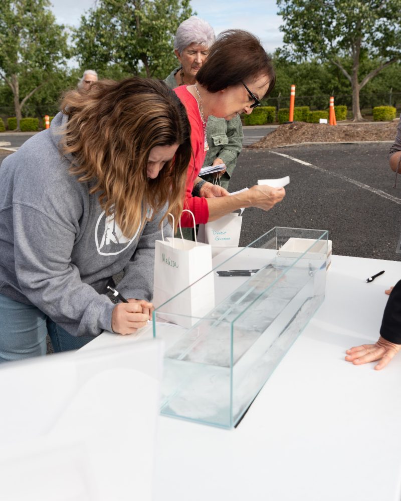 Women planting seeds together at an outdoor Cove Women event